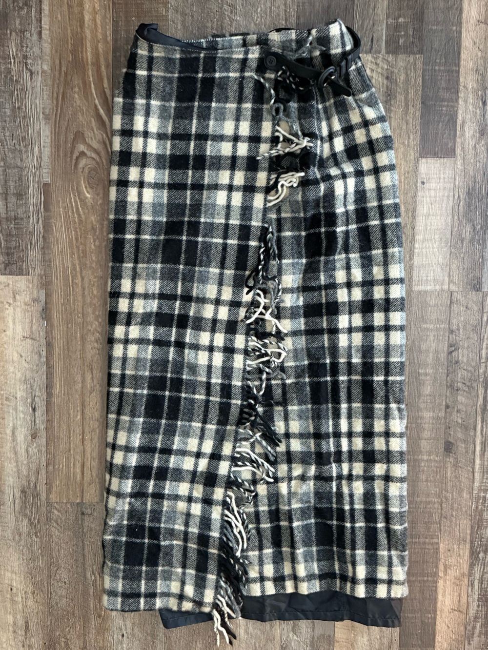 eddie bauer Plaid Fringe Midi wool Skirt - Black & Cream